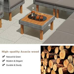 Gray 9-Piece Wicker Outdoor Patio Sectional Set Sofa Set with Gray Cushions and Wood Legs and Acacia Wood Tabletop