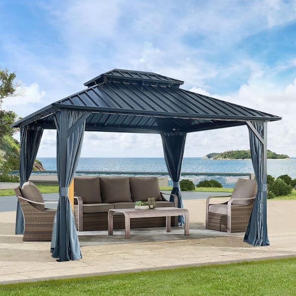 Daheat Grey 12 ft. X 12 ft. Hardtop Gazebo with Galvanized Steel Double Roof, Sturdy Aluminum Frame, Curtains
