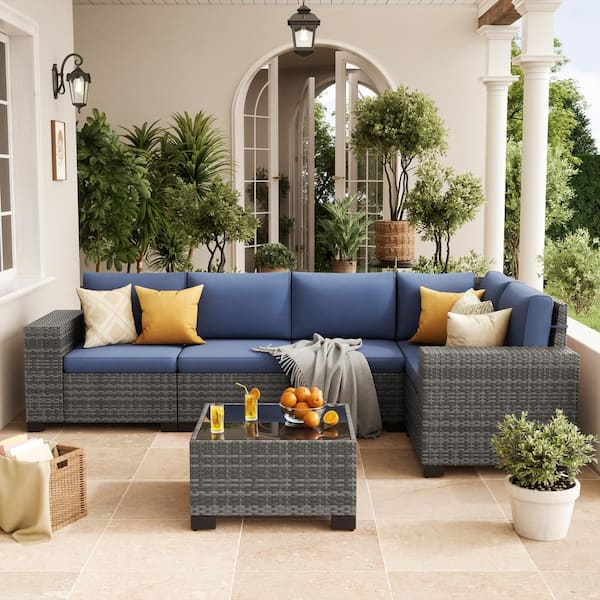 Poteban 6 Pieces Outdoor Gray Wicker Patio Conversation Set With Navy Cushions