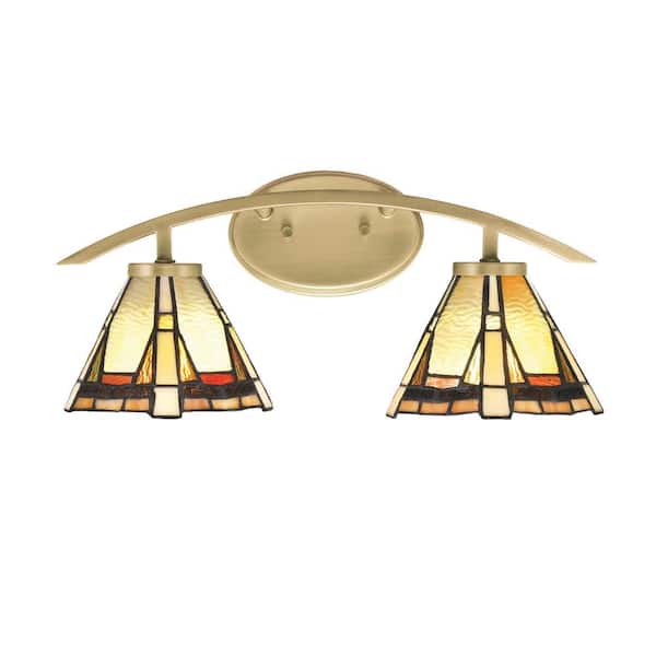 Unbranded Siena 18.25 in. 2-Light Vanity Light New Age Brass with 7 in. Zion Art Glass Shades, No Bulbs Included