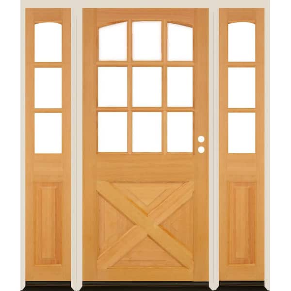 Krosswood Doors 64 in. x 80 in. Farmhouse X Panel LH 1/2 Lite Clear Glass Natural Stain Douglas Fir Prehung Front Door with DSL