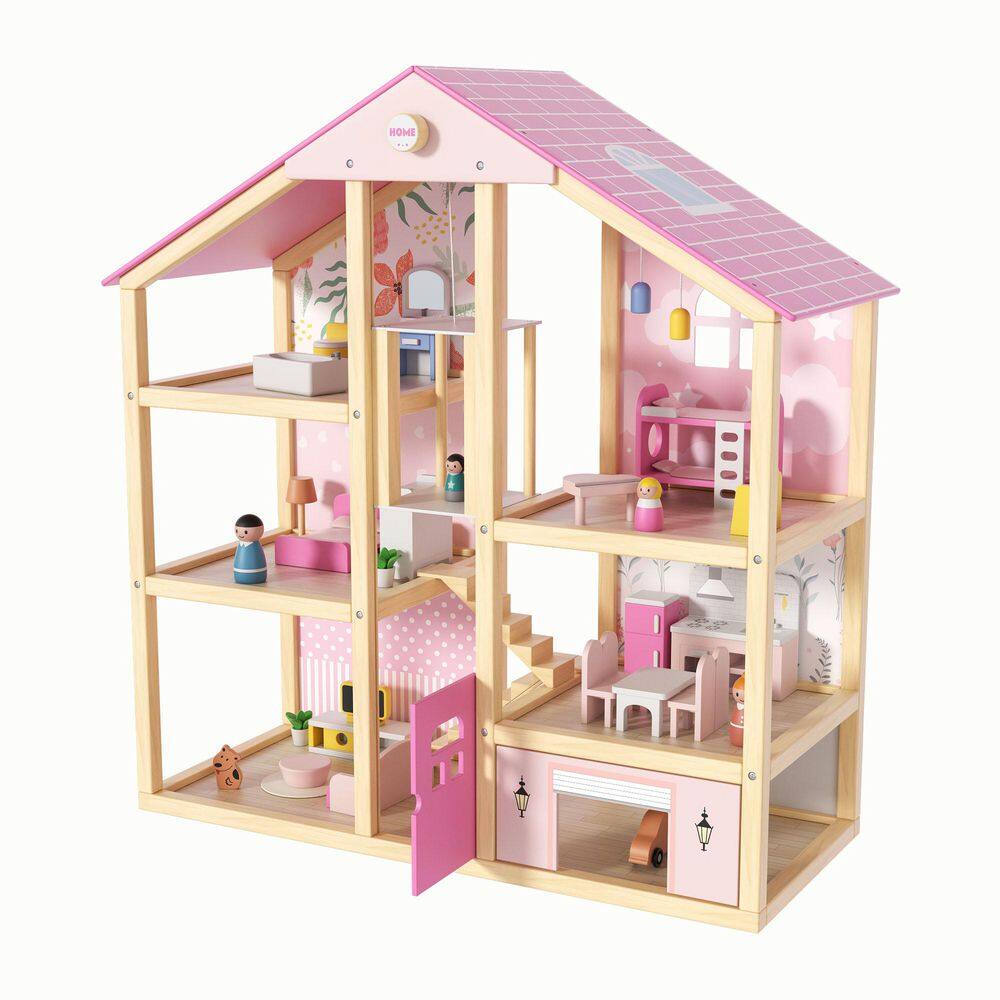 Modern Dollhouse Series Bounce House Dollhouse with Elevator, 5 Rooms, Garage, 4 Dolls&39PC Furniture Set