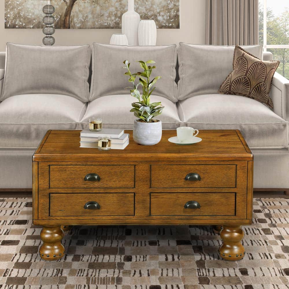 Antique Brown Wood Rectangular Coffee Table with Storage