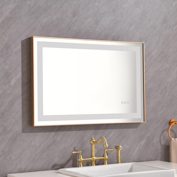 tunuo 36 in. W x 24 in. H Rectangular Aluminum Framed LED Horizontal or Vertical Wall Bathroom Vanity Mirror in Brushed Gold