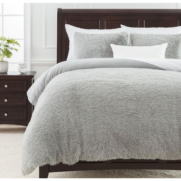 Chanasya Long Faux Fur Polyester Gray Wolf Reversible Minky Duvet Cover Set, King