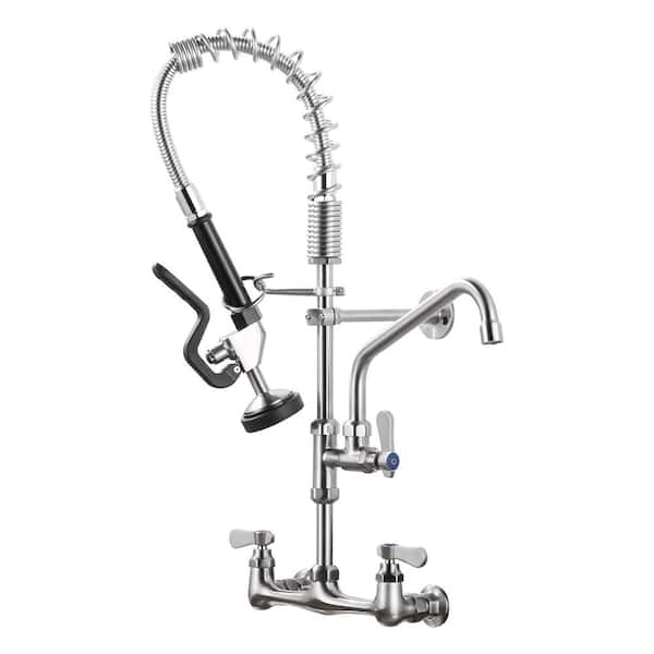 WOWOW Wall Mount Triple Handle Pull Down Sprayer Kitchen Faucet with Pre-Rinse Sprayer with Advanced Spray in Brushed Nickel