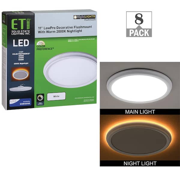 ETI LIGHTING 11 in. White Low Profile LED Flush Mount Ceiling Light with Night Light Feature 900LM 14W Adjustable CCT (8-Pack)
