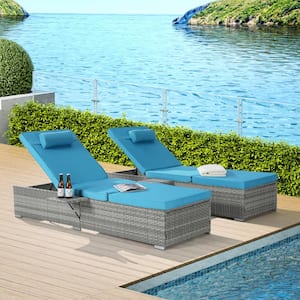 2-Piece Wicker Outdoor Chaise Lounge with Blue Cushions PE Rattan