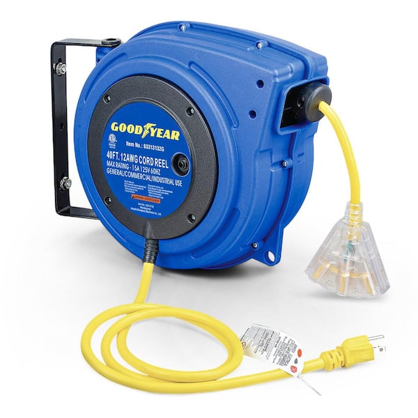 40 ft. 12/3 15 Amp Retractable Extension Cord Reel with 3-Grounded Outlets and Tri-Tap End