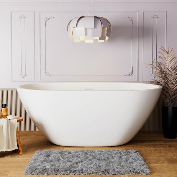 INSTER VALLEY 65 in. White Acrylic Oval Freestanding Bowl Shaped Flatbottom Soaking Tub Non-Whirlpool Bathtub