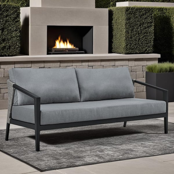 Armen Living Palma Black Aluminum and Wicker Outdoor Couch with Dark Gray Cushions