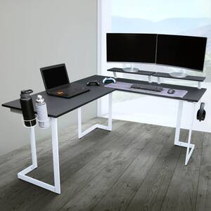 59 in. L-Shaped Black/White Computer Desk with Adjustable Shelves