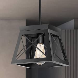 1-Light Matte Black Pendant with Geometric Metal Basket
