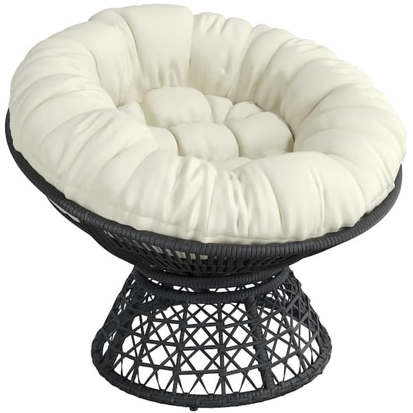 Outdoor/Indoor PE Rattan Chair with Thick Tufted Cushions, Outdoor Swivel Round Chair for Garden, Patio, Black/Beige