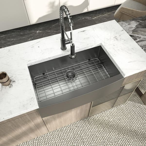 33 in. Gunmetal Black Farmhouse Apron Front Single Bowl 16-Gauge Stainless Steel Kitchen Sink with Bottom Grid