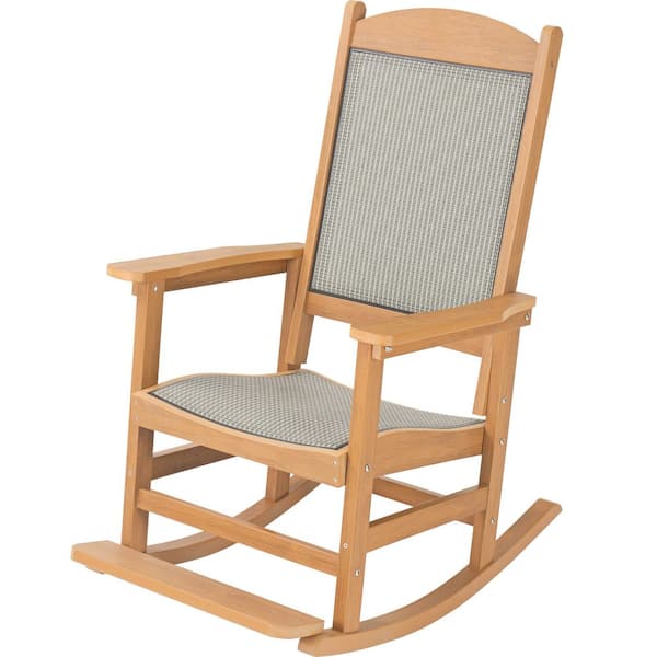 Poly Lumber Plastic Outdoor Rocking Chair with High-Strength Textilene Backrest and Seat, Heavy Duty 380 lbs. Teak Tone