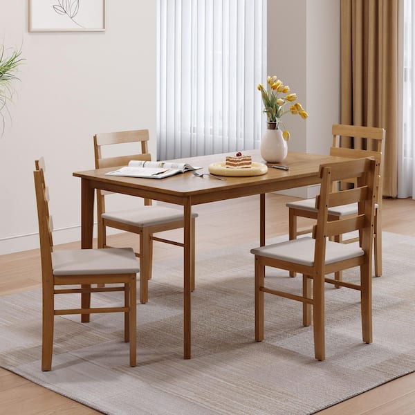 5-Piece Beige Original Wood Color Rectangular Solid Wood Top Dining Room Set Seats 4