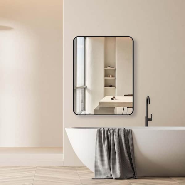 Getpro 24 in. W x 32 in. H Large Rectangular Aluminum Framed Wall Bathroom Vanity Mirror in Black