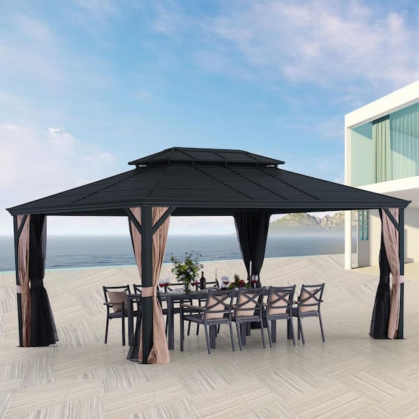 12 ft. x 16 ft. Dark Gray Aluminum Hardtop Gazebo with Double Roof Canopy, Beige Curtains and Netting