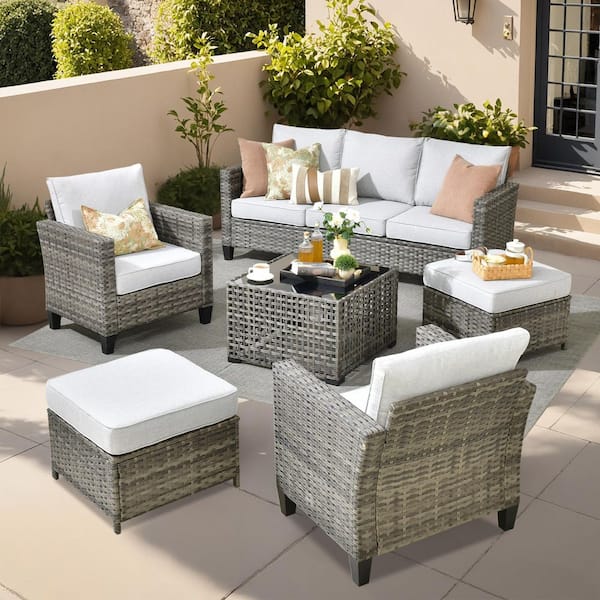 HOOOWOOO Scarlet 6-Piece Wicker Outdoor Furniture Patio Conversation Sofa Set with a Solar Lighted Table and Light Grey Cushions