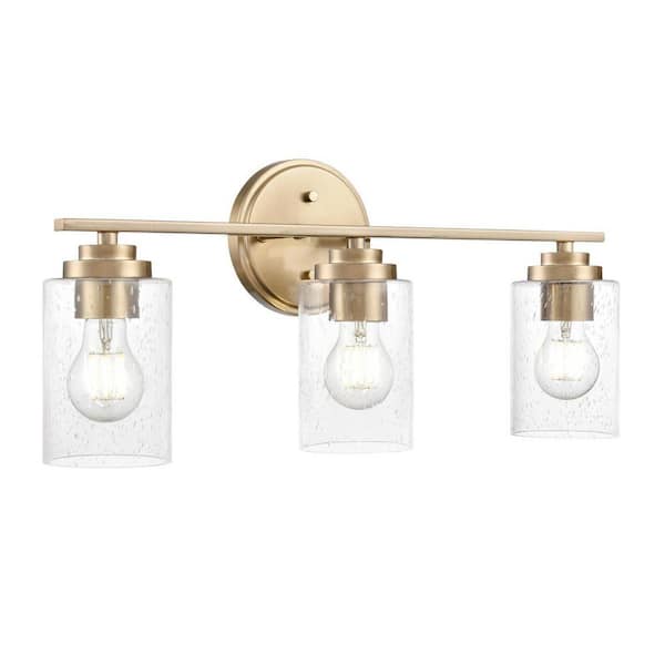 Moven 22 in. 3-Light Modern Gold Vanity Light with Clear Seeded Glass Shades