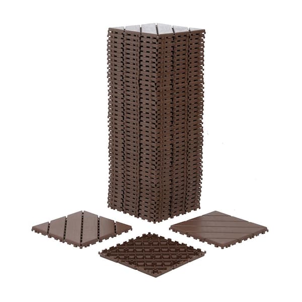 cadeninc 12 in. x 12 in. Brown Square Waterproof Plastic Interlocking Deck Tiles for Poolside Balcony Backyard (Set of 44 Tiles)
