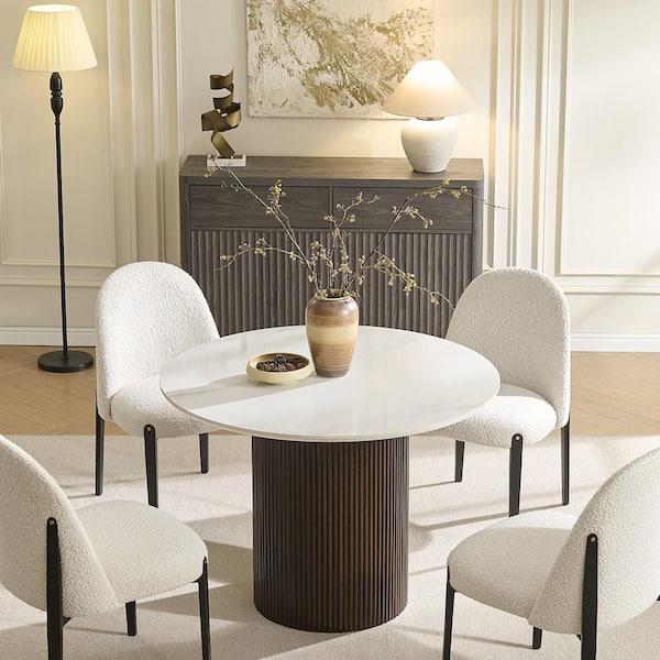 41.7" Elegant White Marble Wood Pedestal Base Dining Table for Kitchen Dinner Room Sintered Stone Seats 4