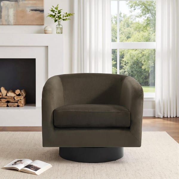 Coffee Velvet Upholstered 360° Swivel Arm Barrel Chair With Wood Base(Set of 1)