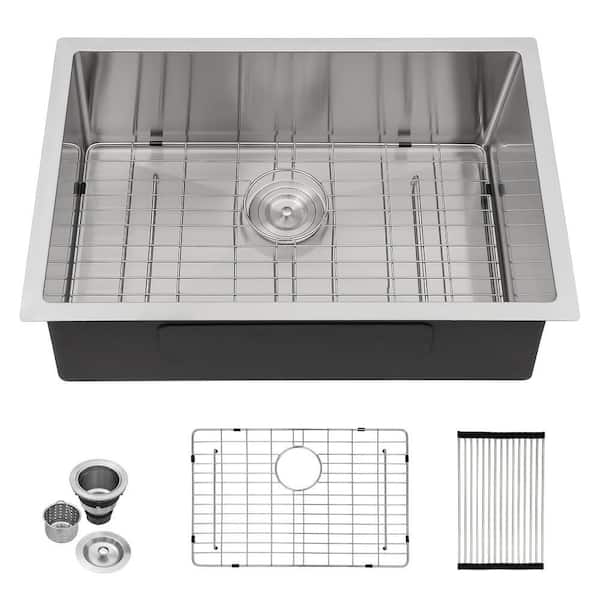 28 in.Undermount Single Bowl 16-Gague Stainless Steel Kitchen Sink with Basket Strainer and Bottom Grid