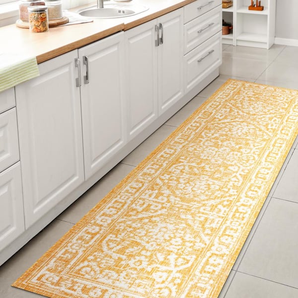 JONATHAN Y Malta Yellow/Cream 2 ft. x 8 ft. Bohemian Medallion Textured Weave Indoor/Outdoor Area Rug