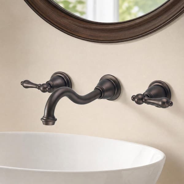 Wall Mount 2-Handle Elegant Spout Bathroom Faucet in Oil Rubbed Bronze