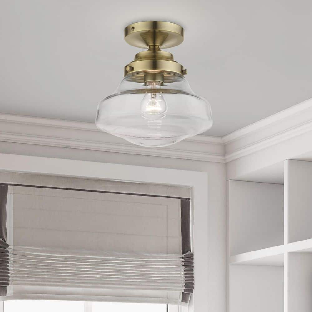 Antique Brass 9" Glass Semi-Flush Mount Light
