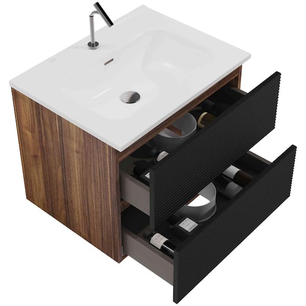 Ziyudura 24 in. Single Sink Floating Black Bath Vanity with White