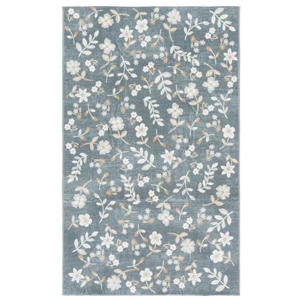Martha Stewart Washable Dark Gray/Beige 3 ft. x 5 ft. Machine Washable Floral Ornate Area Rug