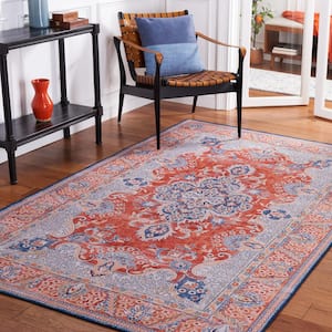 Tuscon Rust/Blue 8 ft. x 10 ft. Machine Washable Floral Border Area Rug