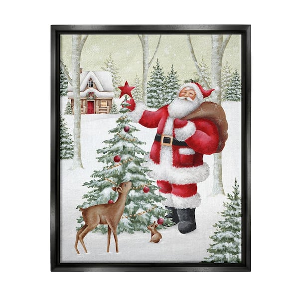 Stupell Industries Santa and Snowy Cabin by Emma Leach 1-Piece Floater Frame Graphic Print Nature Poster Art Print 31 in. x 25 in.