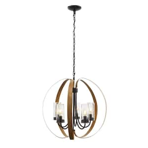 Ellena 5-Light Matte Black and Maple Tone Outdoor Chandelier with Seedy Glass
