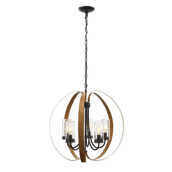 Home Decorators Collection Ellena 5-Light Matte Black and Maple Tone Outdoor Chandelier with Seedy Glass