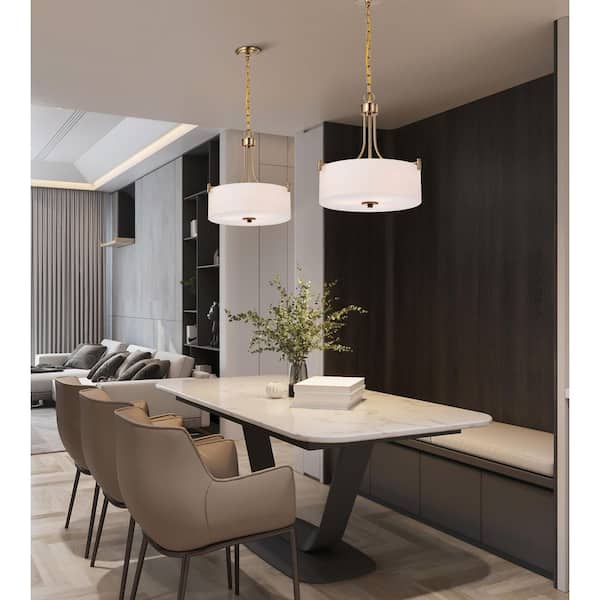 Liam 60-Watt 3-Light Burnished Brass Shaded Pendant Light with White Opal Glass Shade, No Bulbs Included