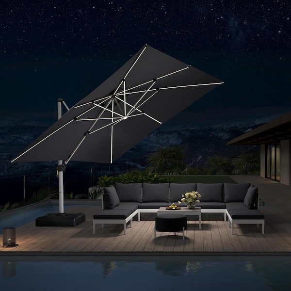 PURPLE LEAF 12 ft. Square Solar powered LED Patio Umbrella Outdoor Cantilever Umbrella Heavy Duty Sun Umbrella in Gray