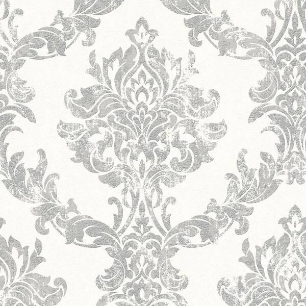 Graham & Brown White and Silver Opal Damask Wallpaper