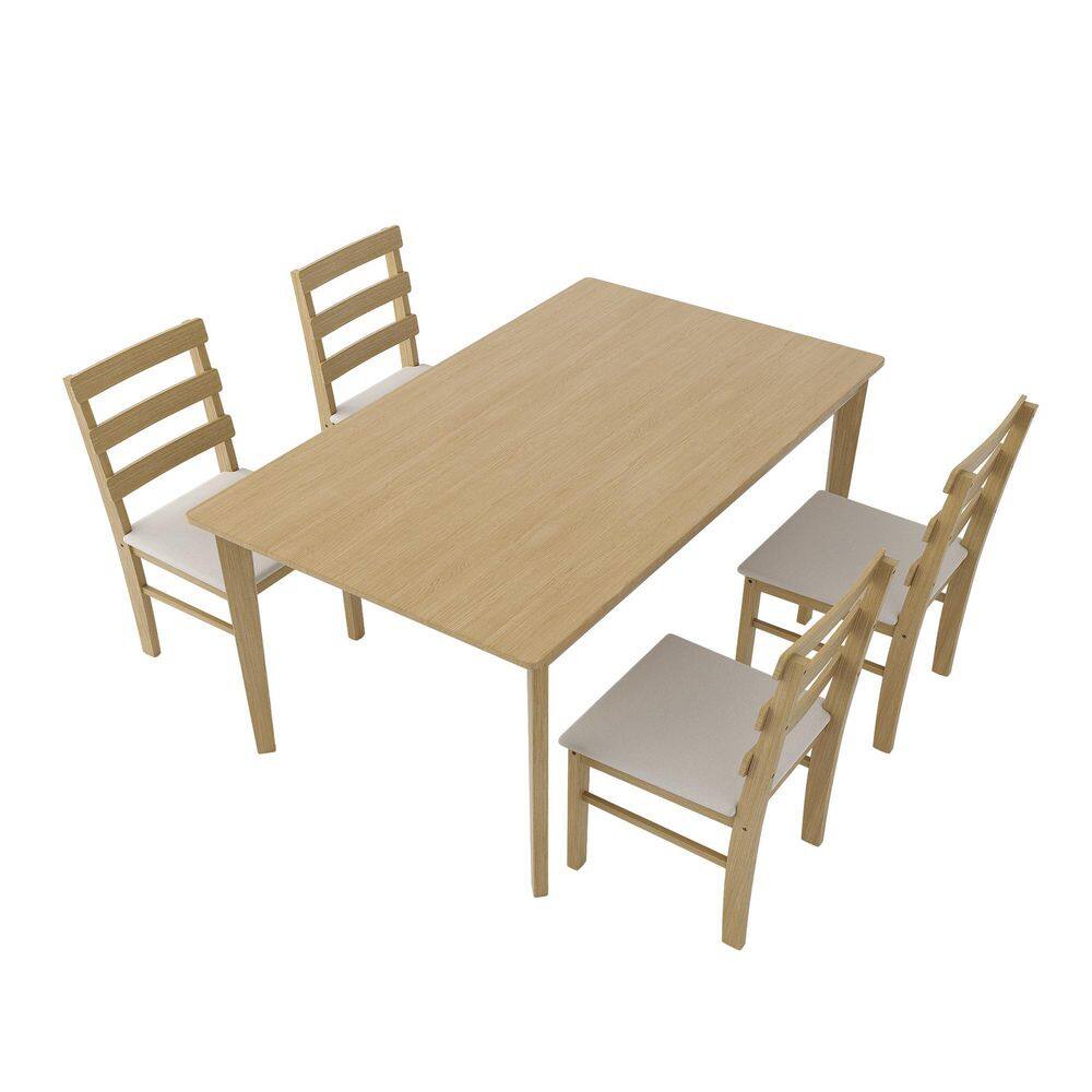 5-Piece Solid Wood Dining Set in Original Wood Finish with Upholstered Chairs, Rectangle Table for 4