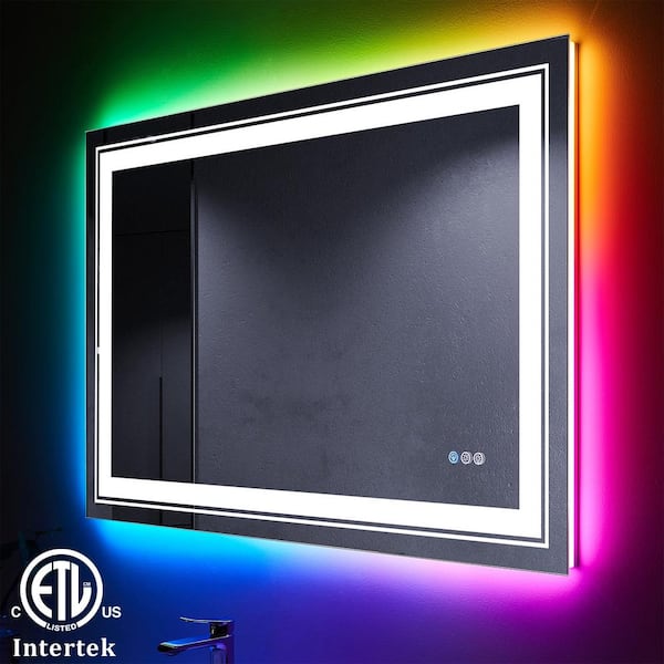Apmir 40 in. W x 32 in. H Rectangular Frameless RGB Backlit & LED Frontlit Anti-Fog Tempered Glass Wall Bathroom Vanity Mirror