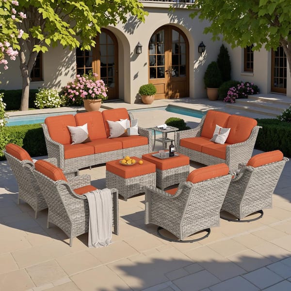 Eureka Gray 9-Piece Wicker Modern Outdoor Patio Conversation Sofa Seating Set with Swivel Chairs and Orange Red Cushions