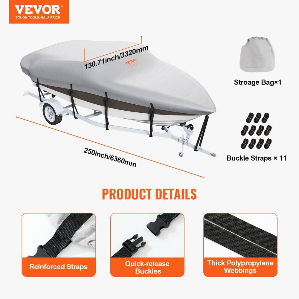 Gray 16-18.5 ft Waterproof Marine-Grade Boat Cover with Motor Cover