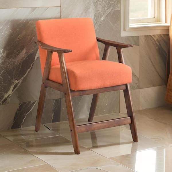 Benjara 31.25 in. Orange and Brown Low Back Wood Frame Bar Stool with Fabric Seat