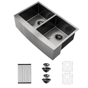 Gunmetal Black 36 in. Farmhouse/Apron-Front Double Bowl 50/50 16-Gauge Stainless Steel Kitchen Sink with Bottom Grids
