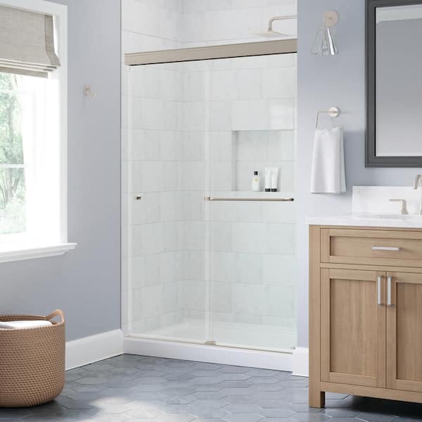 Delta Portwood 48 in. W x 70-1/4 in. H Semi-Frameless Sliding Shower Door, Brushed Nickel, 6 mm Clear Glass