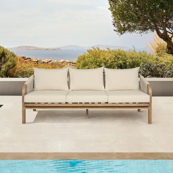 Armen Living Cypress Light Gray Eucalyptus Wood Outdoor Couch with Ivory Cushions