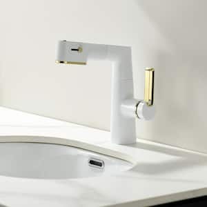 Single-Handle Single Hole Bathroom Faucet with LED Display and Pull Out Spray in White